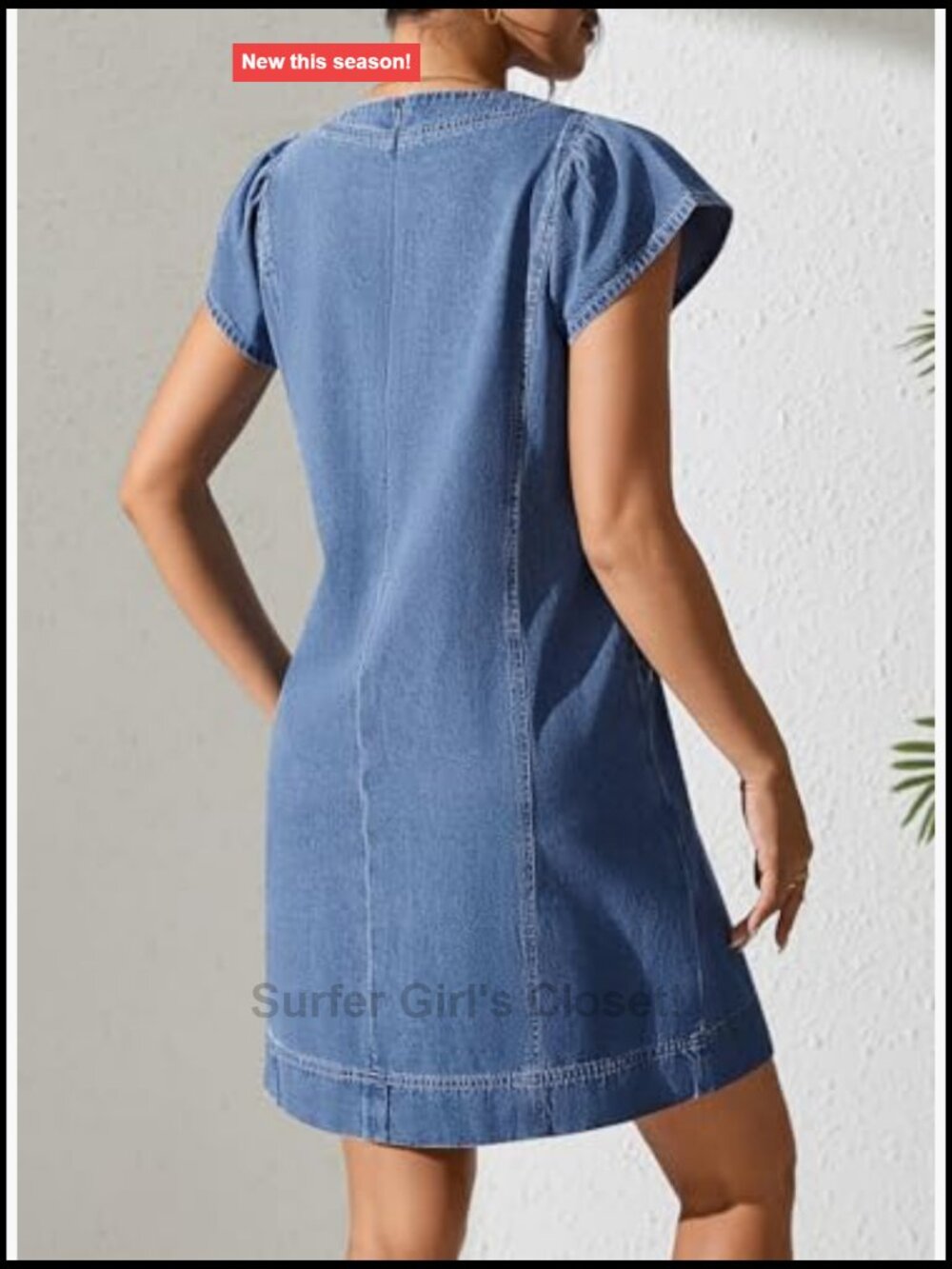 Short Sleeve V Neck Loose Denim Dress with Pockets Casual - Picture 4 of 7
